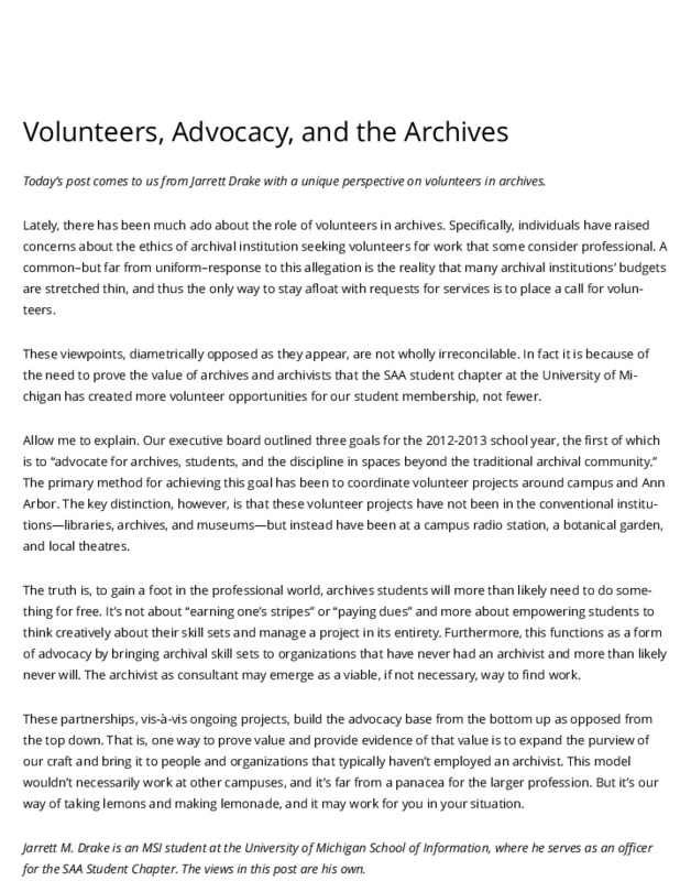 Volunteers, Advocacy, and the Archives