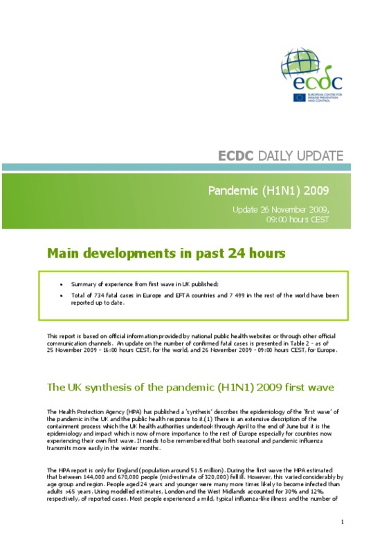 ECDC Daily Update: Pandemic (H1N1) 2009
