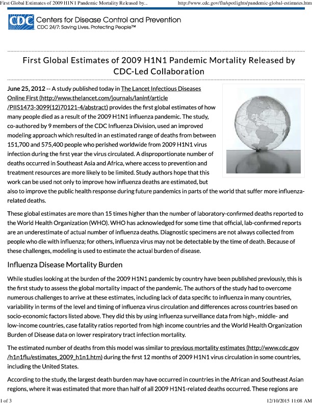 First Global Estimates of 2009 H1N1 Pandemic Mortality Released by CDC-Led Collaboration