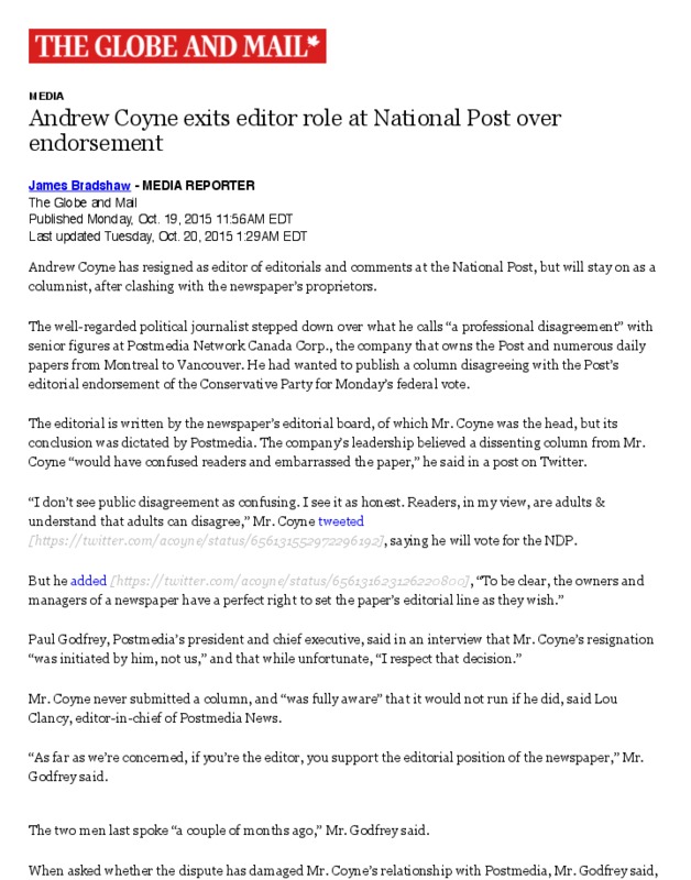 Andrew Coyne exits editor role at National Post over endorsement