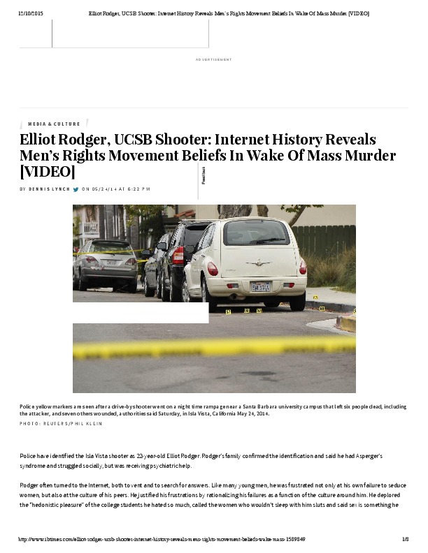 Elliot Rodger, USB Shooter: Internet History Revels Men&#039;s Rights Movement Belief in the Wake of Mass Murder