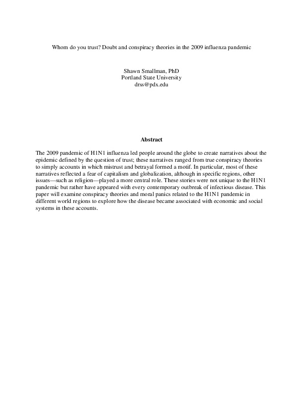 Whom Do You Trust? Doubt and Conspiracy <br /><br />
Theories in the 2009 Influenza Pandemic  